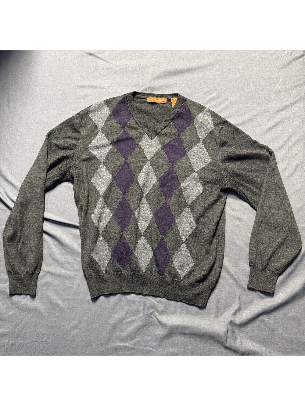 Sette Ponti Men's V-Neck Argyle Knit Sweater Merino/Acrylic L Gray Purple Italy